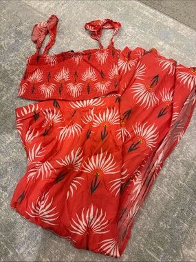 Lulu's Red Floral Maxi Skirt with White Bloom Print